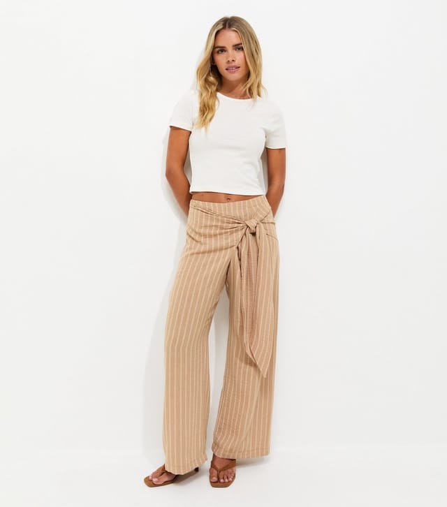 New Look Women's Petite Camel Woven Striped Wrap Waist Wide Leg Trousers New Look - 3
