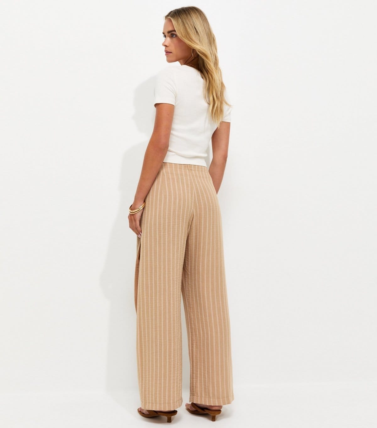 New Look Women's Petite Camel Woven Striped Wrap Waist Wide Leg Trousers New Look - 4