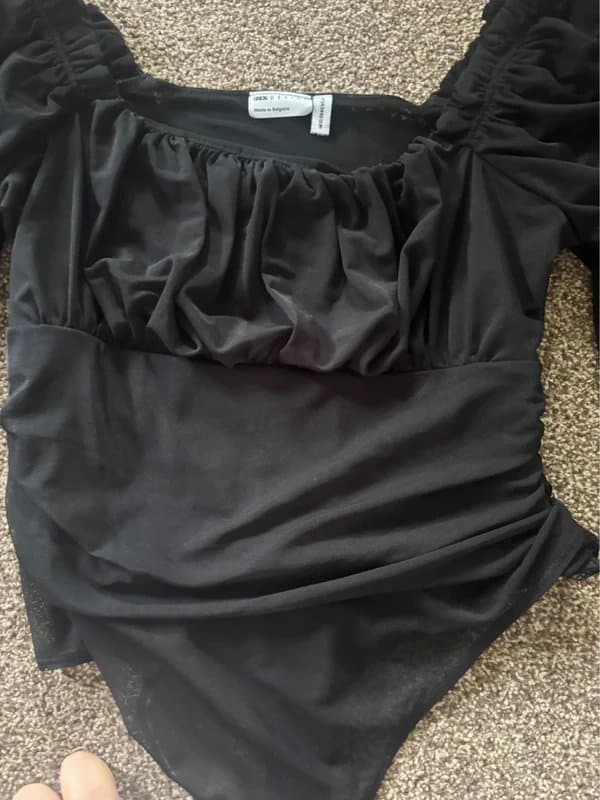 ASOS Design ASOS Design size 12 long-sleeved black bodysuit - ruched mesh detailing