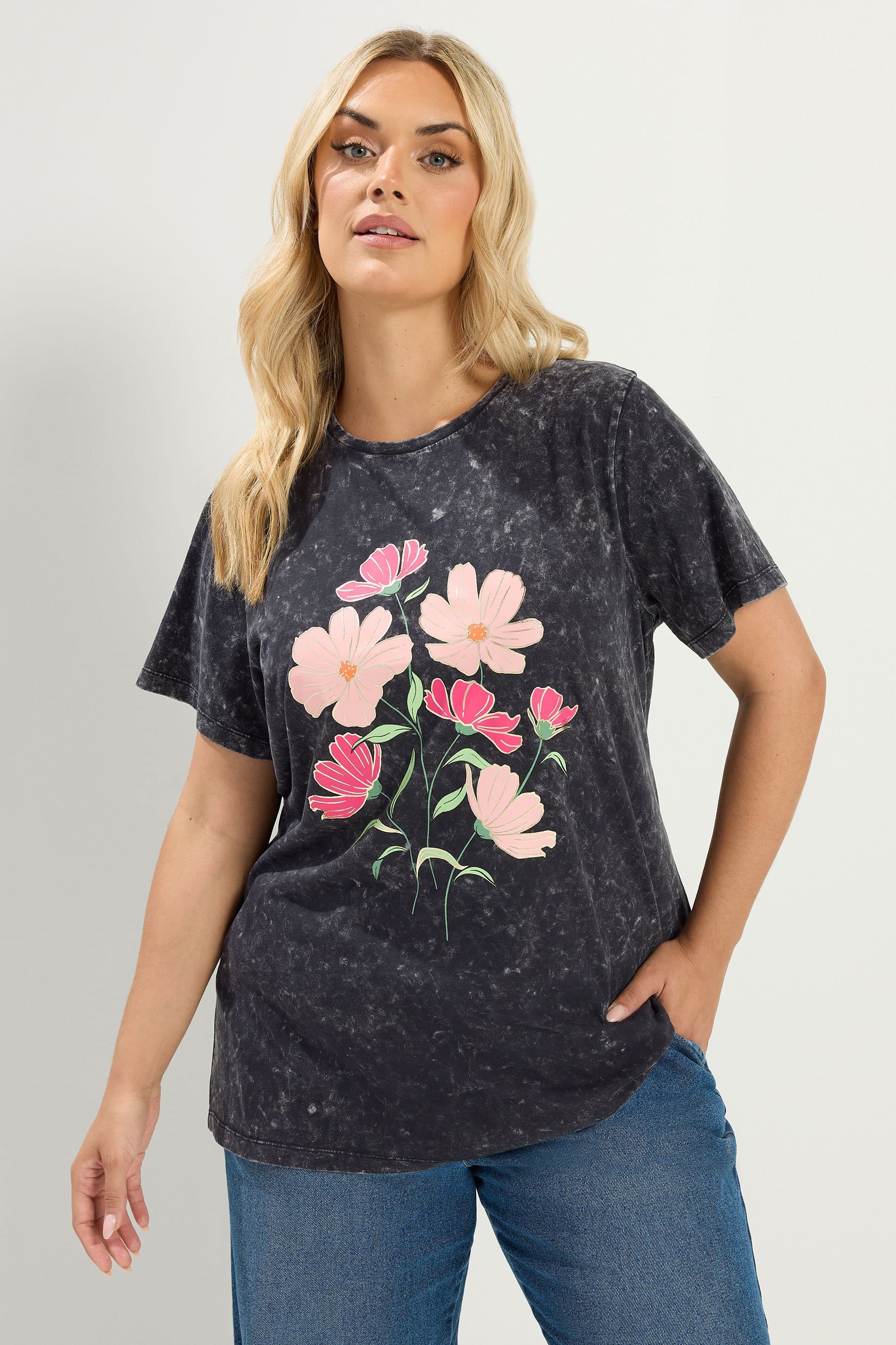 Yours Plus Size Grey Acid Wash Flower Tshirt