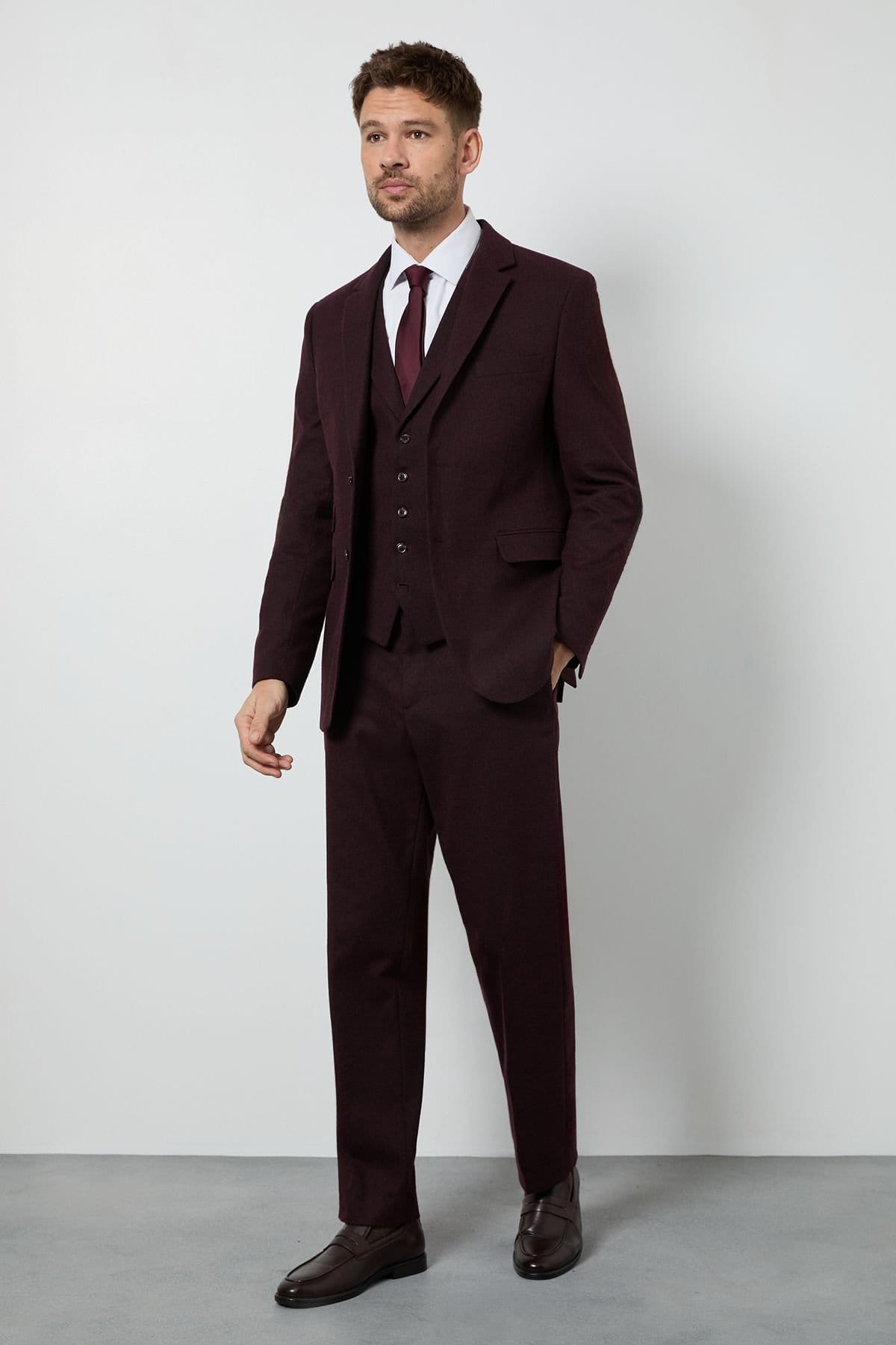 Burton Burton Men's Burgundy Tweed Look Tailored Fit Trousers - 1