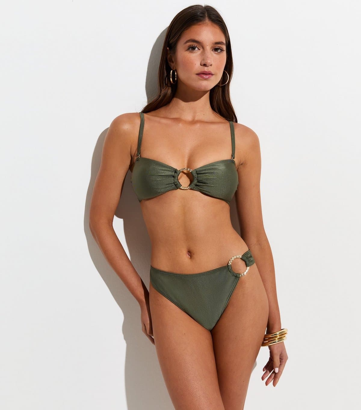 New Look Women's Dark Green Hammered Golden Ring Bandeau Bikini Top New Look