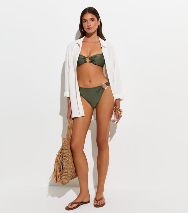 New Look Women's Dark Green Hammered Golden Ring Bandeau Bikini Top New Look - 3