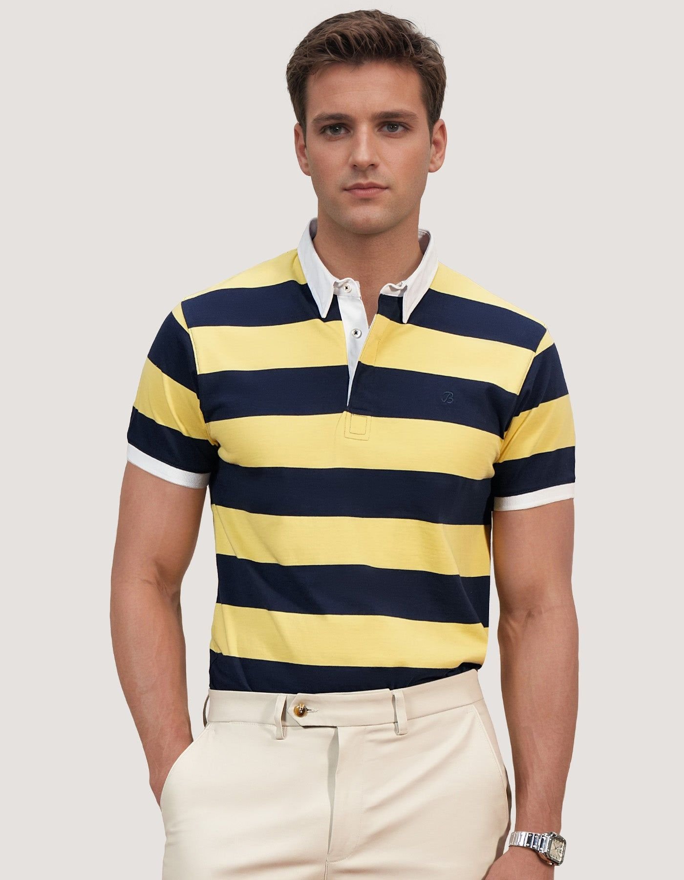 Brian Oak London Brian Oak London Men's Ray Flower Striped Polo Shirt in Bright Yellow - 2