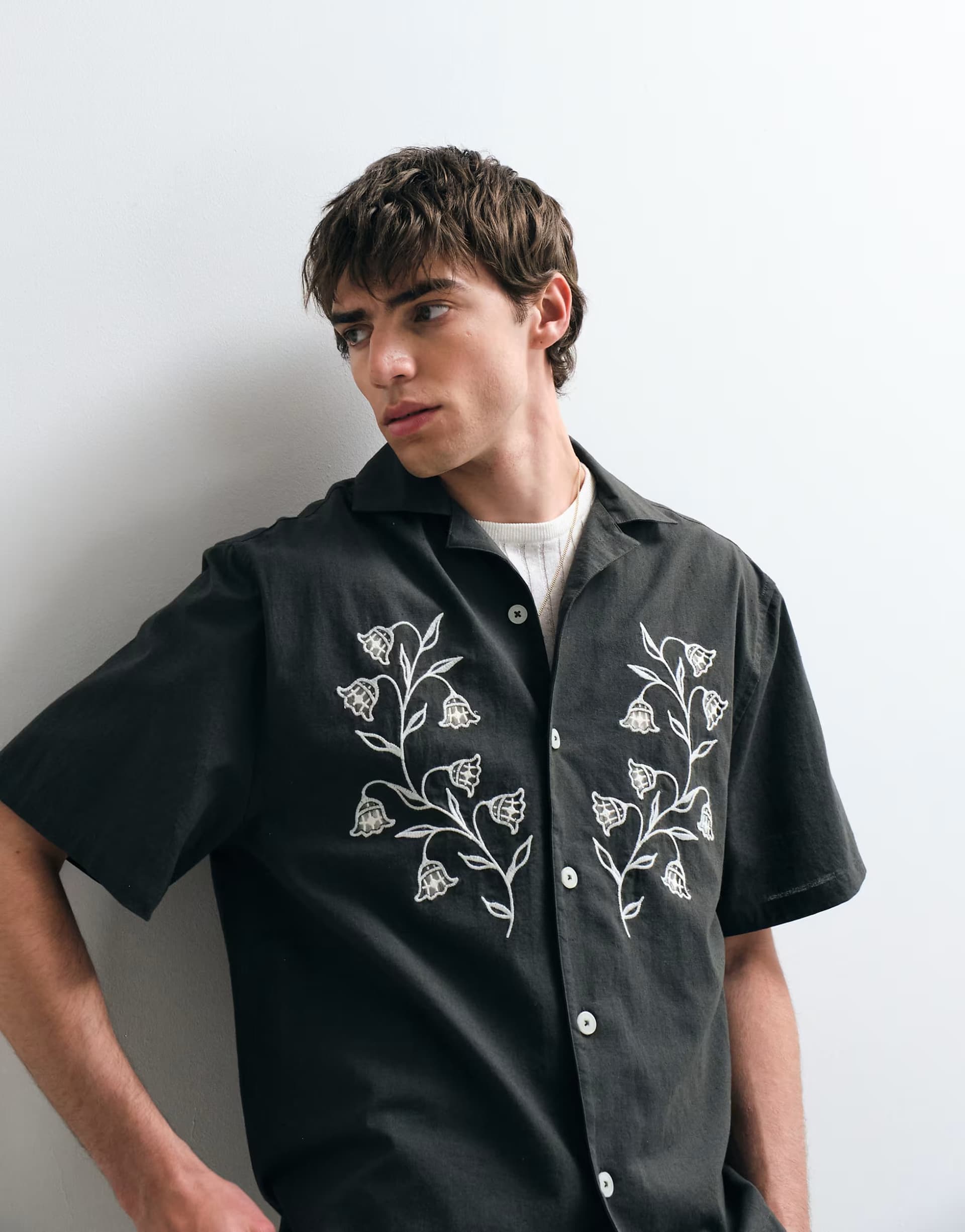 ASOS ASOS COLLECTIVE relaxed cotton embroidered shirt with linen in dark green