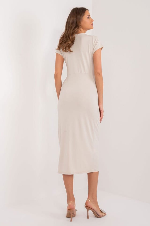Love Lace Love Lace Women's Heart Neck Creased Pencil Midi Day Dress in Beige - 3