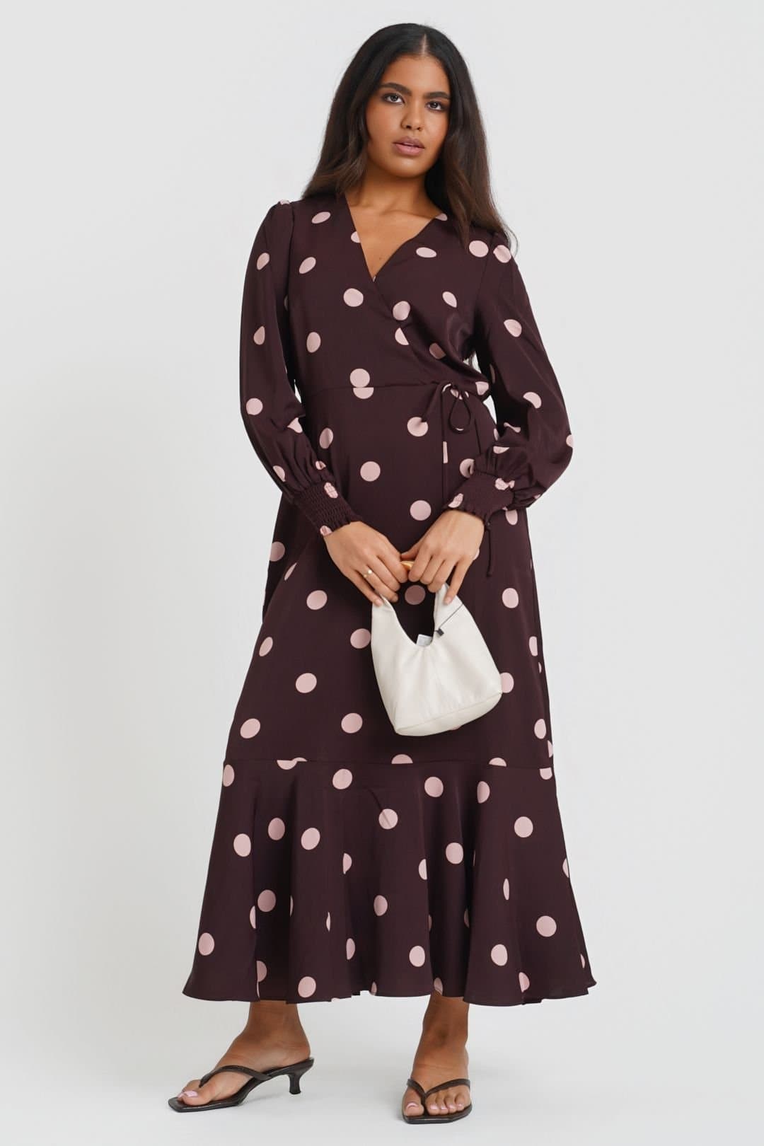 Needs No Label Needs No Label Women's Berry Polka Dot Long Sleeve Wrap Midi Dress in Burgundy