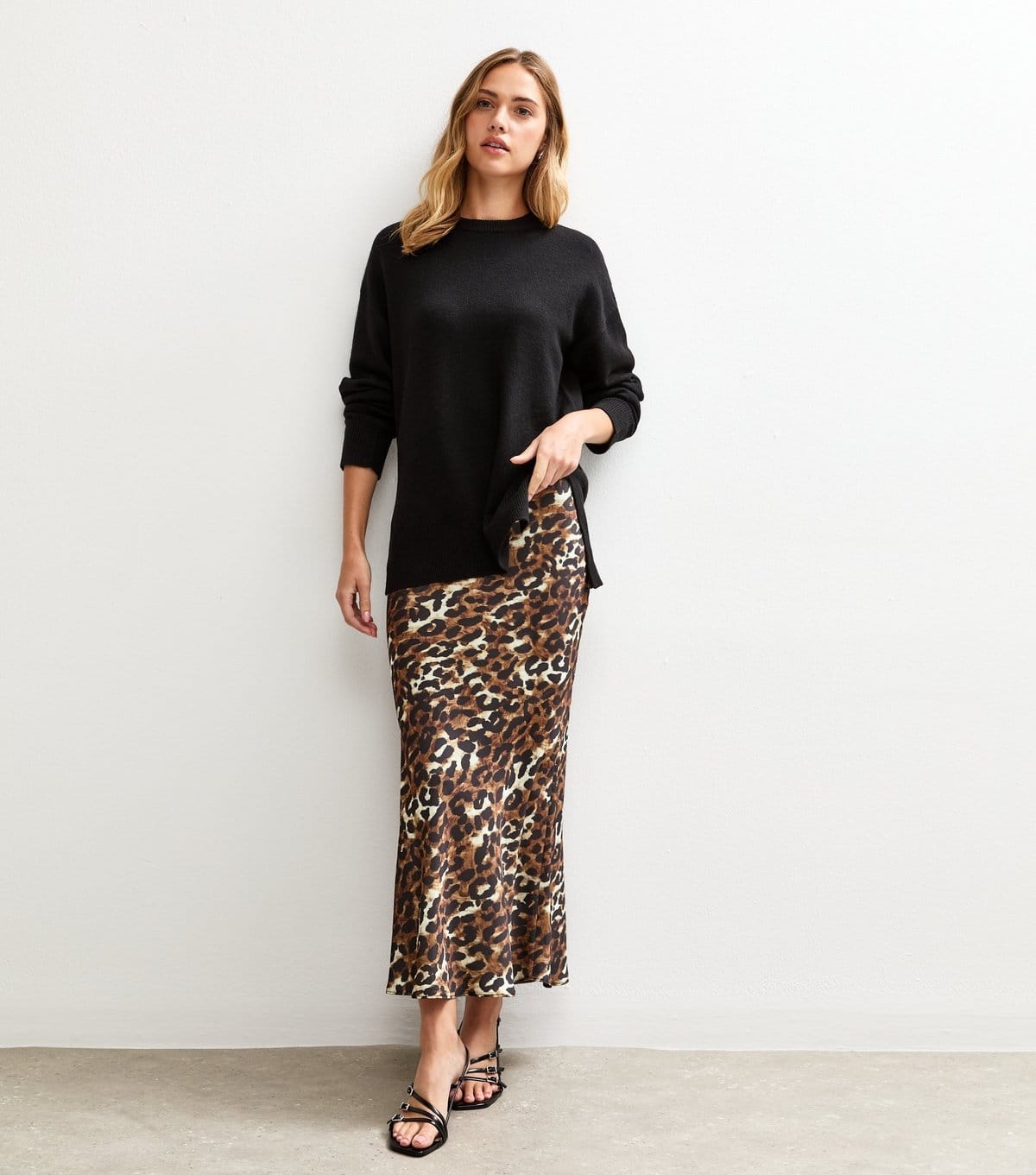 New Look Brown Animal Print Satin Midi Skirt