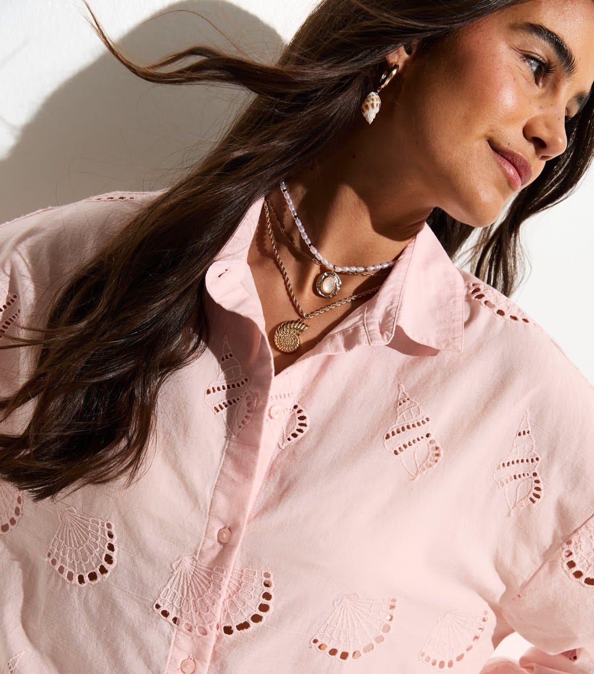 New Look Women's Light Pink Shell Cutwork Beach Shirt New Look