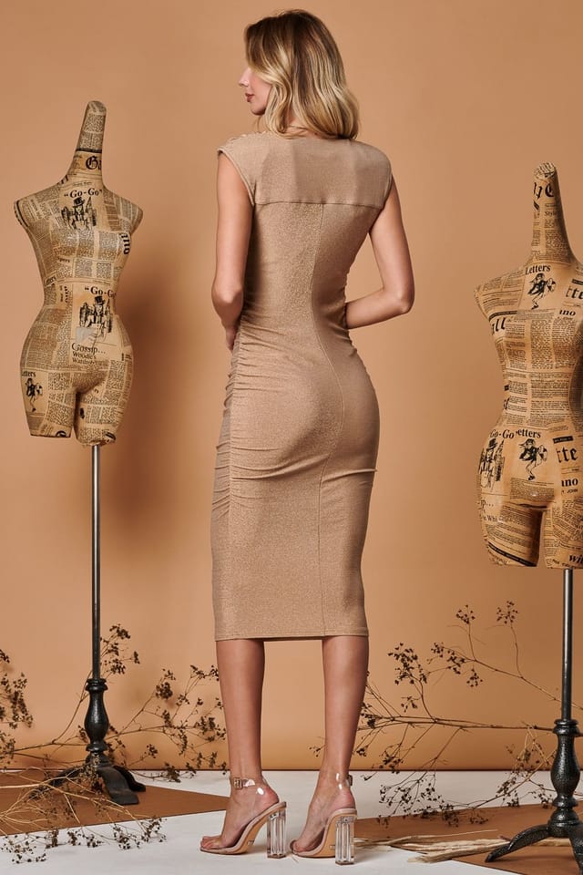 Jolie Moi Jolie Moi Women's Metallic Sparkly Ruched Bodycon Dress in Gold - 2