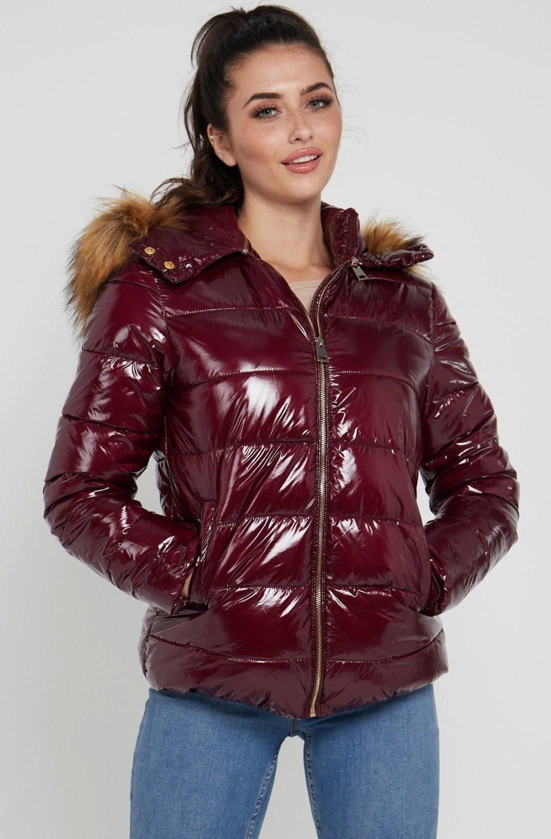 Love Sunshine Love Sunshine Women's Elastic Waist Shiny Puffer Jacket with Faux Fur on Hood in Burgundy