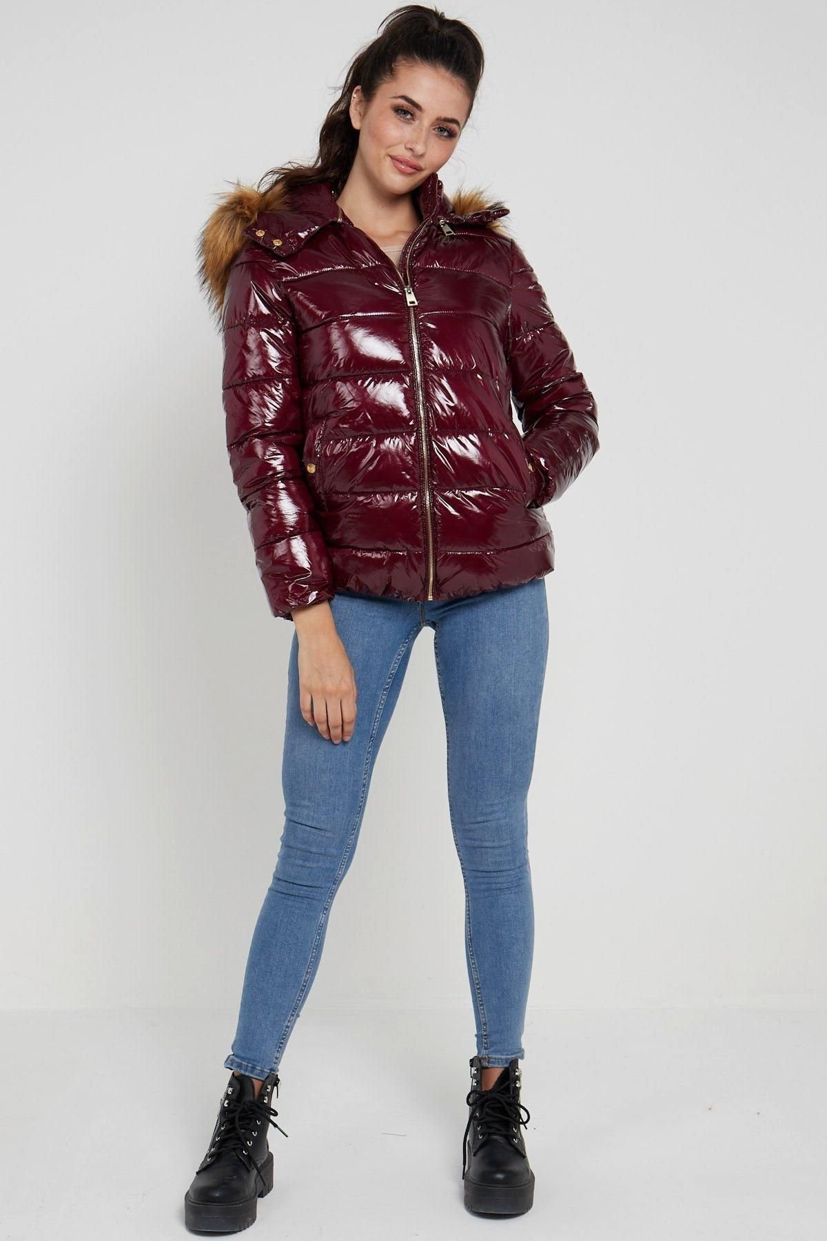 Love Sunshine Love Sunshine Women's Elastic Waist Shiny Puffer Jacket with Faux Fur on Hood in Burgundy - 2