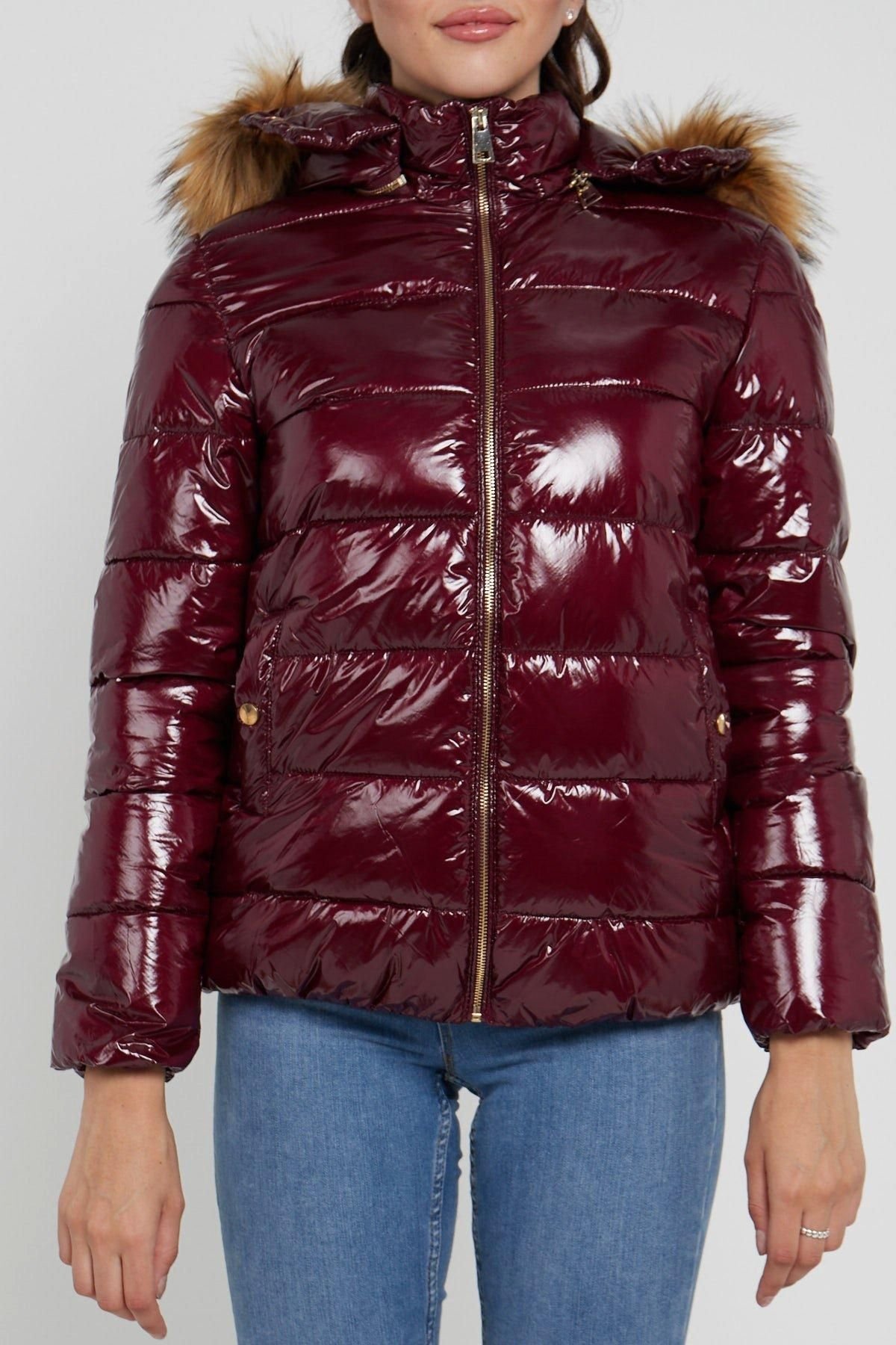 Love Sunshine Love Sunshine Women's Elastic Waist Shiny Puffer Jacket with Faux Fur on Hood in Burgundy - 3