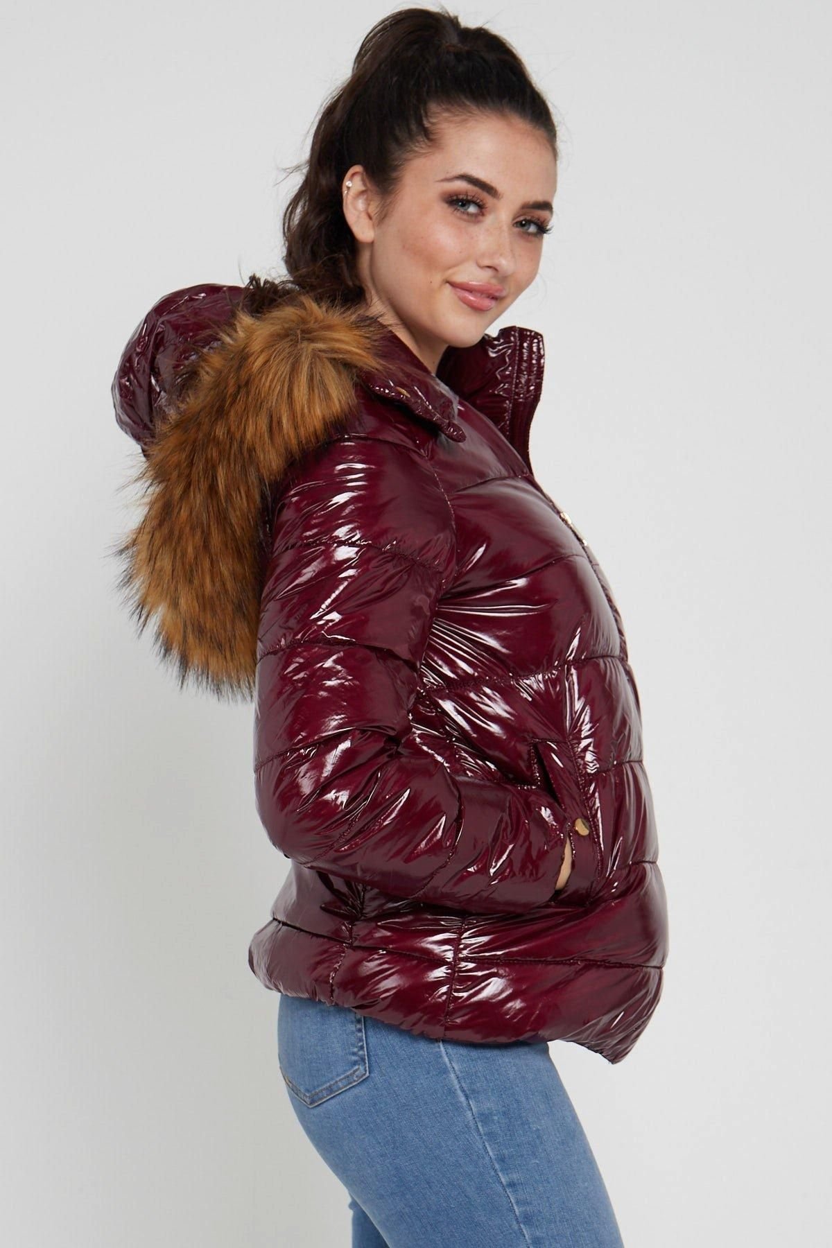 Love Sunshine Love Sunshine Women's Elastic Waist Shiny Puffer Jacket with Faux Fur on Hood in Burgundy - 4