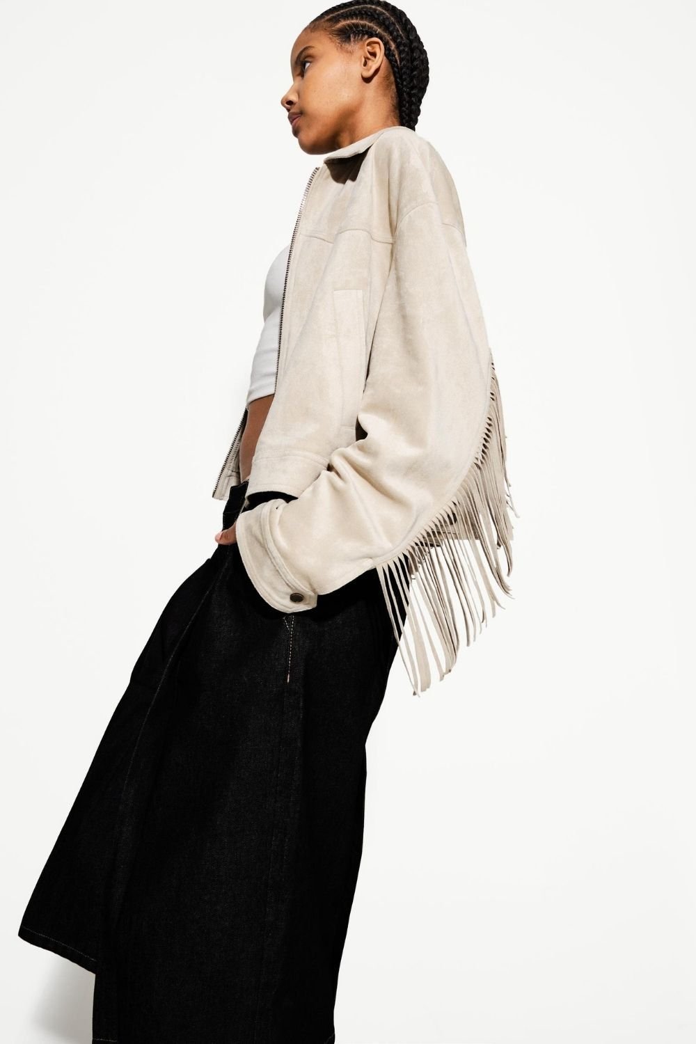 OUTTA BOX OUTTA BOX Women's Women's Suede Fringe Cropped Jacket with Lapel Collar in Beige - 2