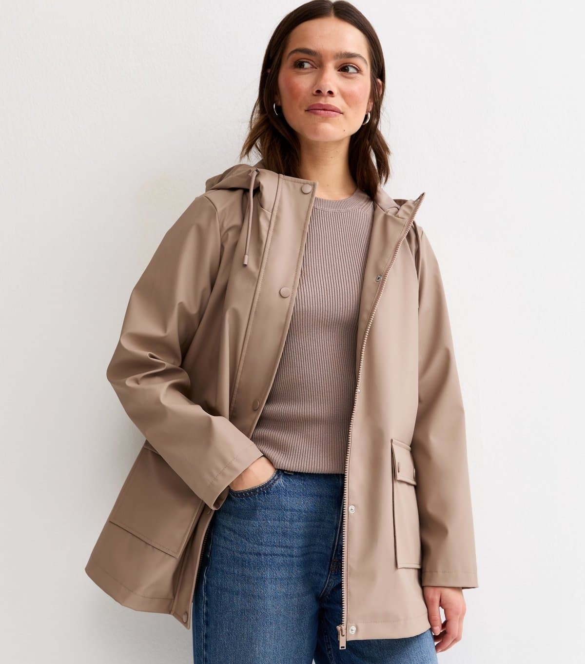 New Look Women's Petite Mink Water Resistant Drawstring Hood Rain Anorak New Look