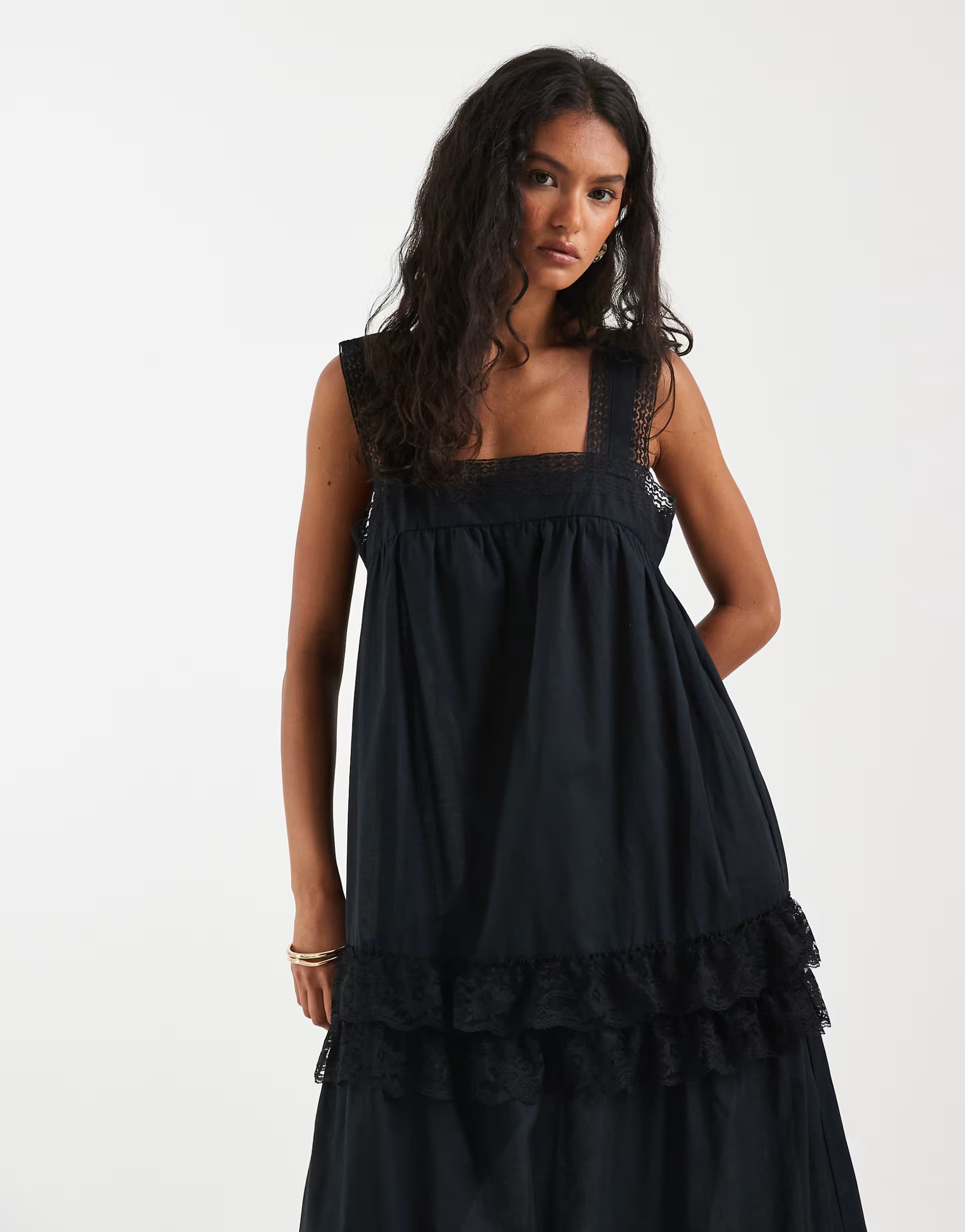 ASOS Object premium lace and ruffle trim tiered boho maxi dress in black