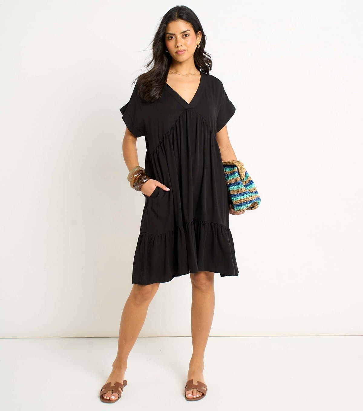 Gini London Women's Black V Neck Tiered Smock Dress Gini London New Look