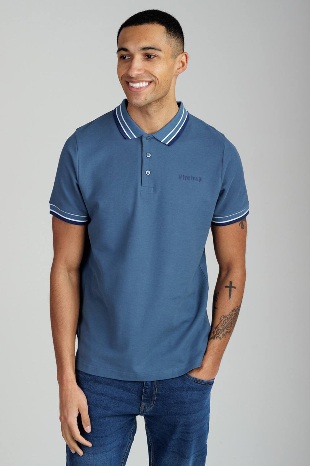 Firetrap Firetrap Men's Regular Fit Cotton Button Polo Shirt with Contrast Trim in Mid Blue - 1