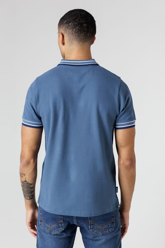 Firetrap Firetrap Men's Regular Fit Cotton Button Polo Shirt with Contrast Trim in Mid Blue - 2