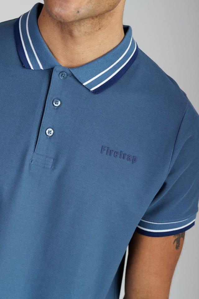 Firetrap Firetrap Men's Regular Fit Cotton Button Polo Shirt with Contrast Trim in Mid Blue - 3