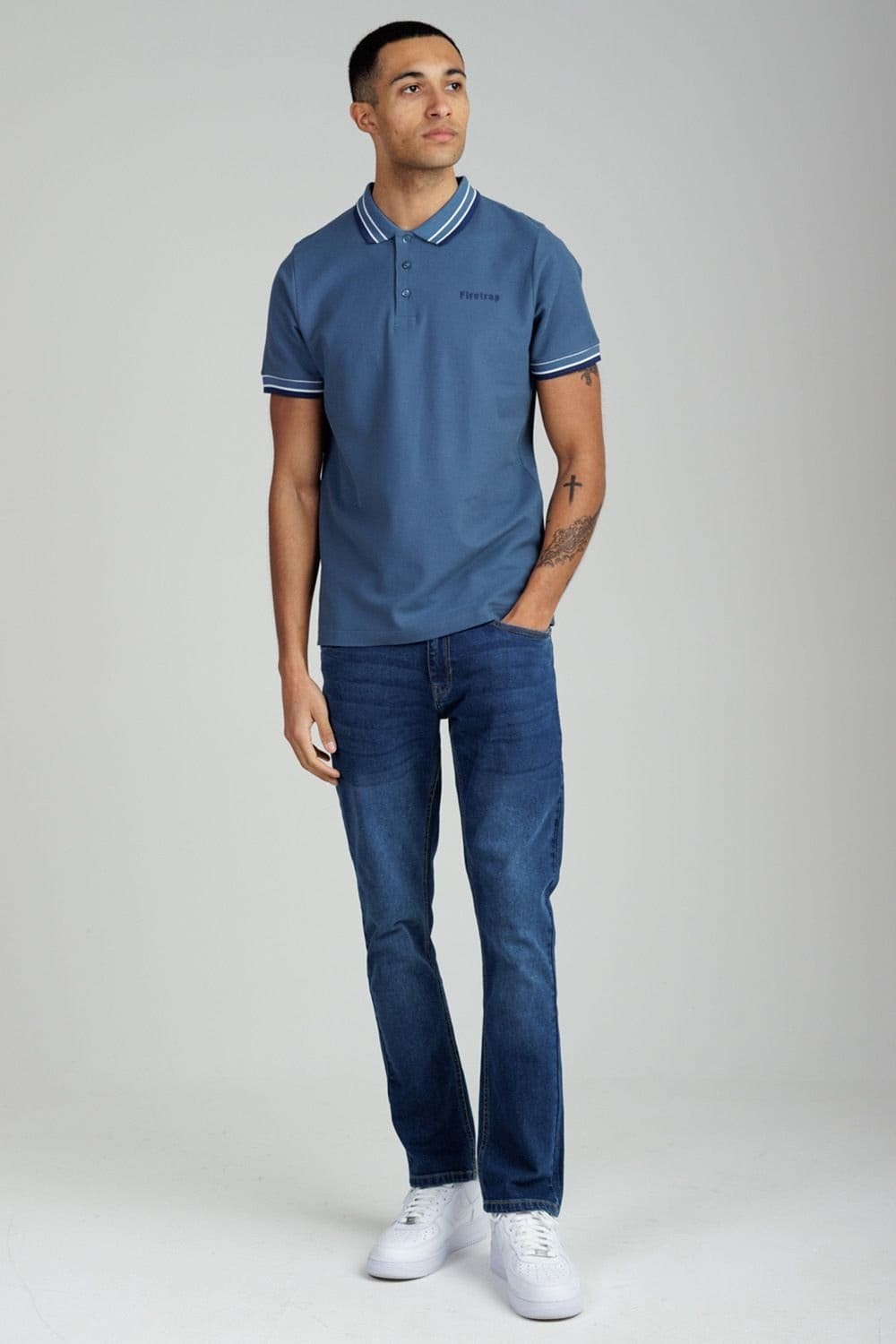 Firetrap Firetrap Men's Regular Fit Cotton Button Polo Shirt with Contrast Trim in Mid Blue - 4