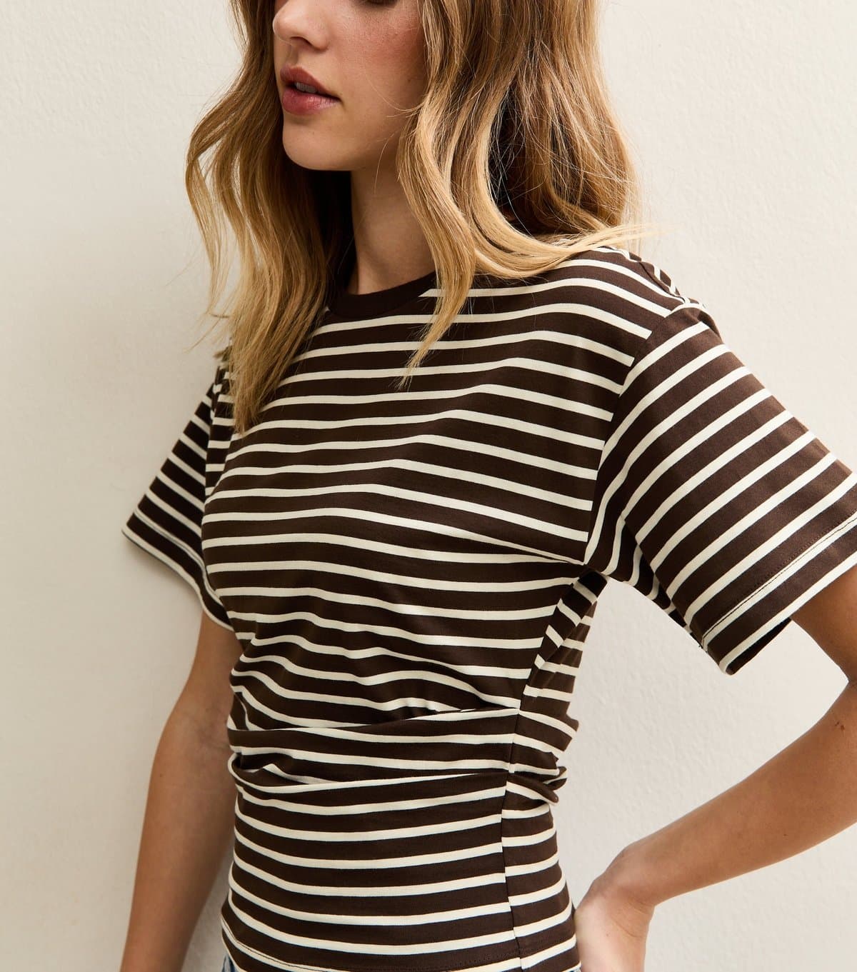 New Look Women's Cream and Dark Brown Striped Corset Top New Look