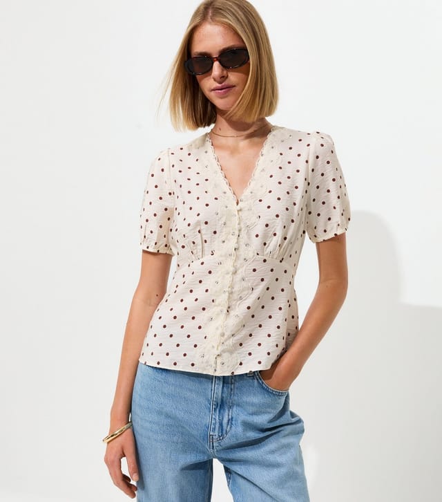 New Look Women's Brown Crinkle Texture Spot Print Lace Trim Button Tea Blouse New Look - 2