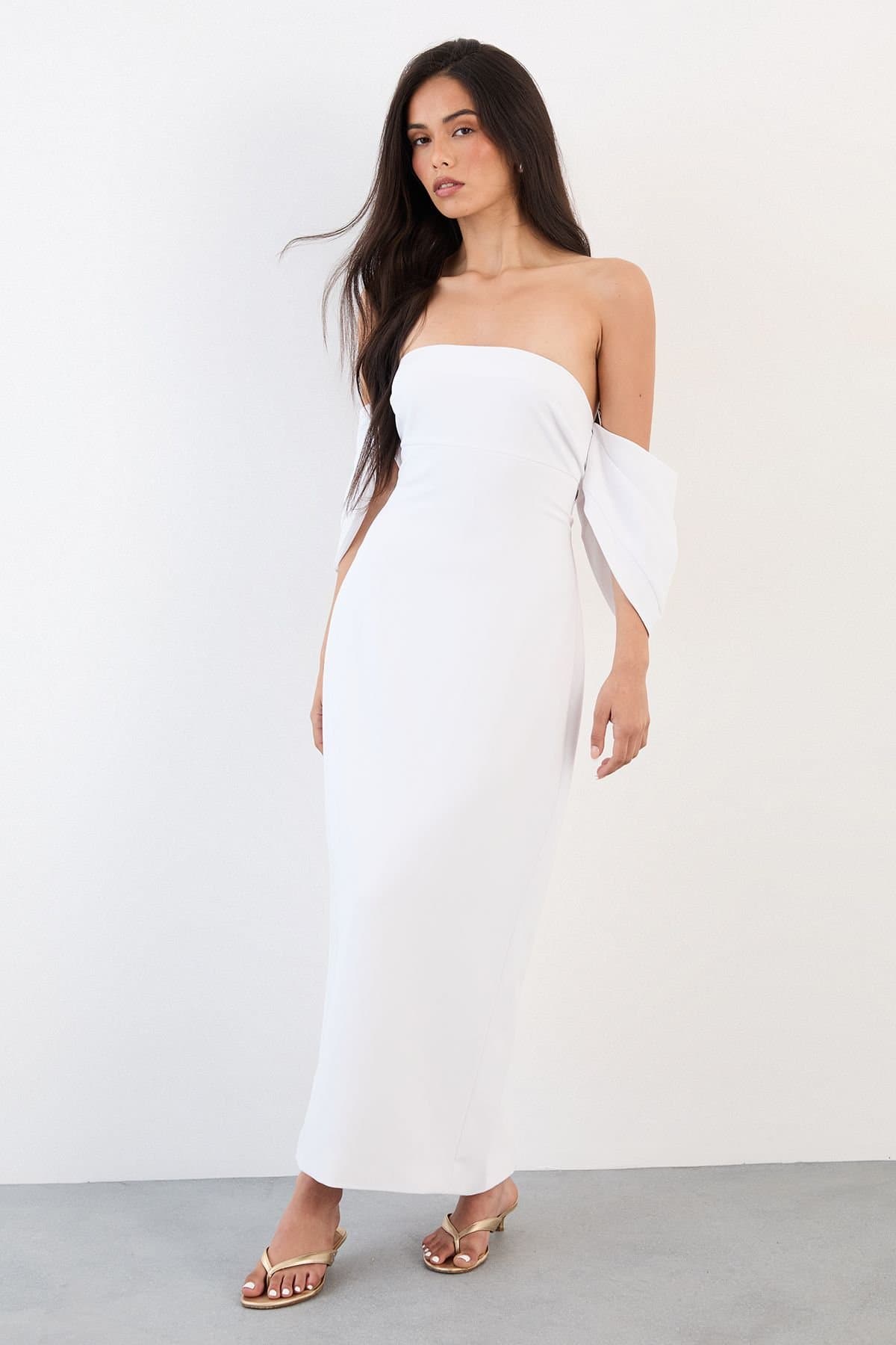 Warehouse Warehouse Women's Stretch Crepe Bardot Column Midi Dress in Ivory