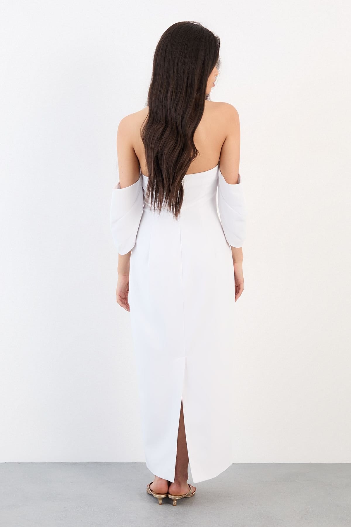 Warehouse Warehouse Women's Stretch Crepe Bardot Column Midi Dress in Ivory - 4
