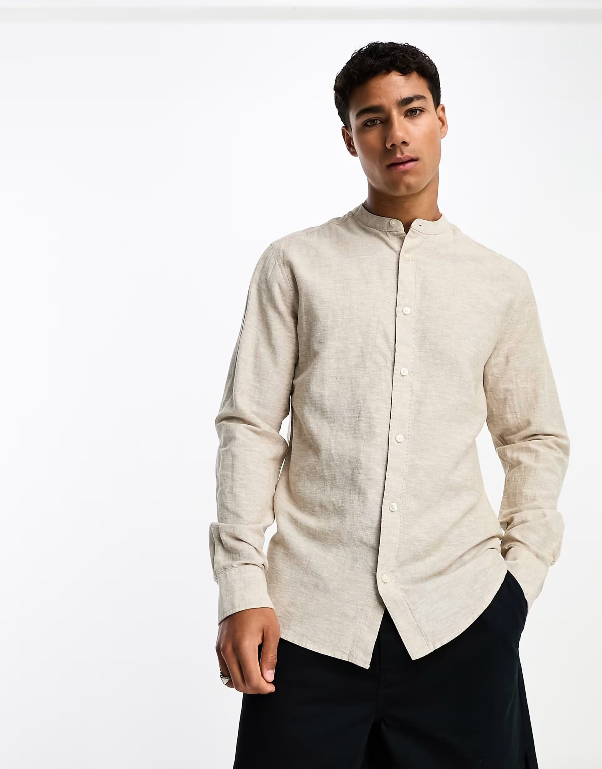 ASOS ASOS Linen Mix Grandad Collar Shirt in Beige