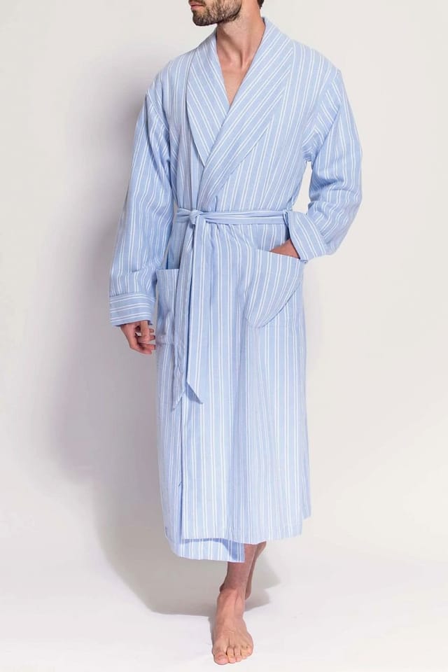 British Boxers British Boxers Men's "Westwood Blue" Stripe Brushed Cotton Dressing Gown in Light Blue - 3