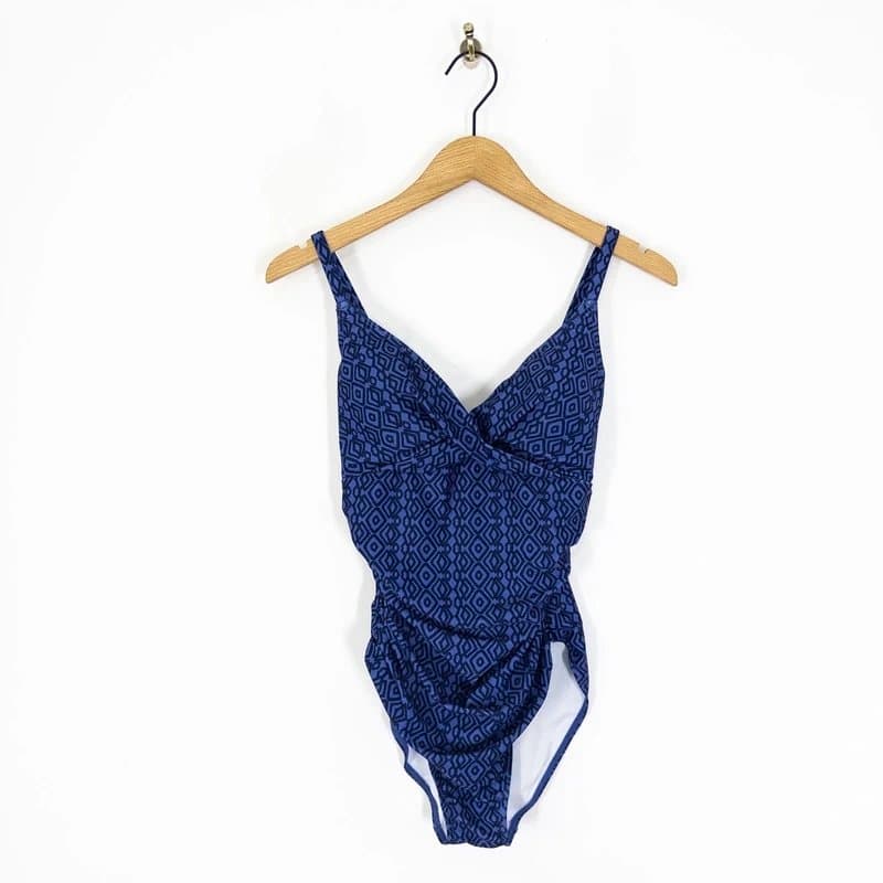 Denim Co Denim & Co. Twist Front Swimsuit Size M NEW Blue Geo Ikat Print Swim Costume