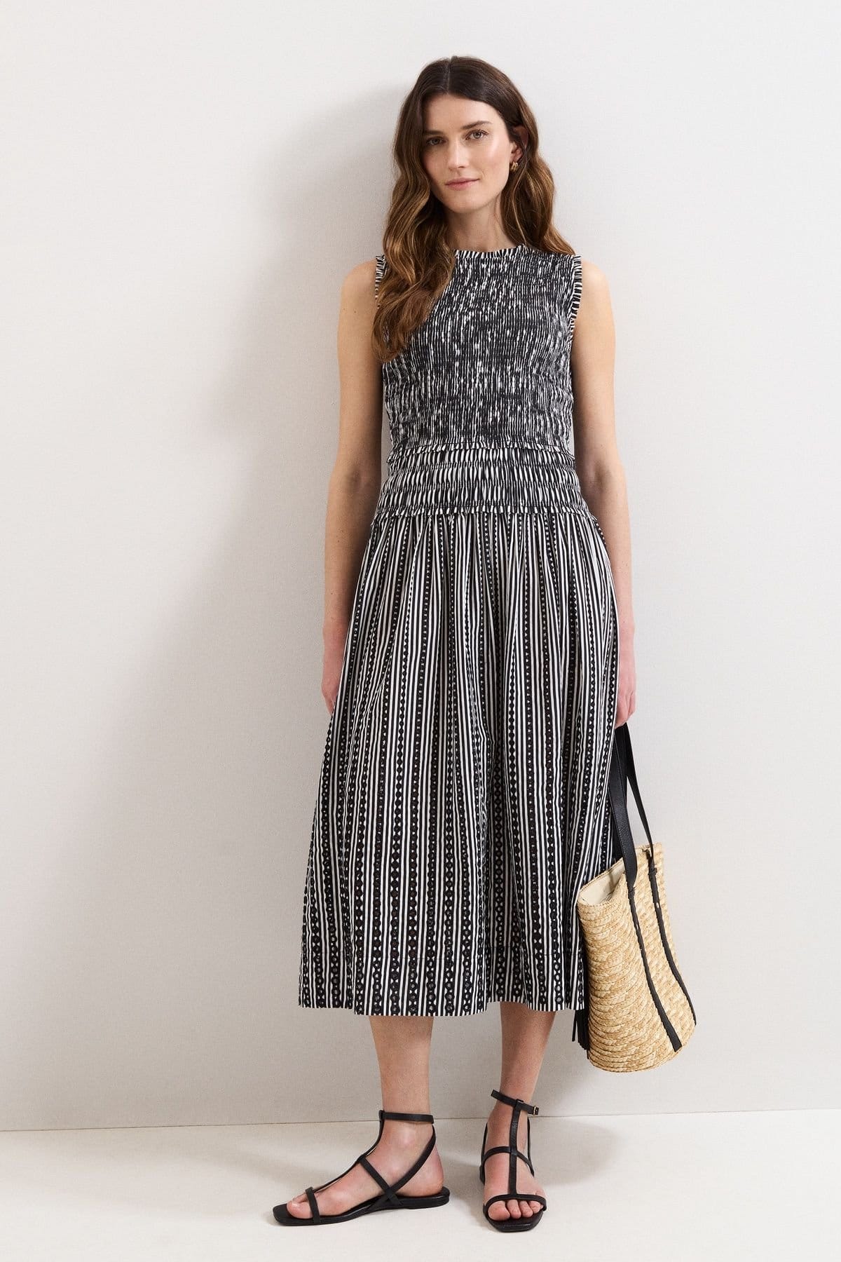 Phase Eight Black Smocked Stripe Midi Dress