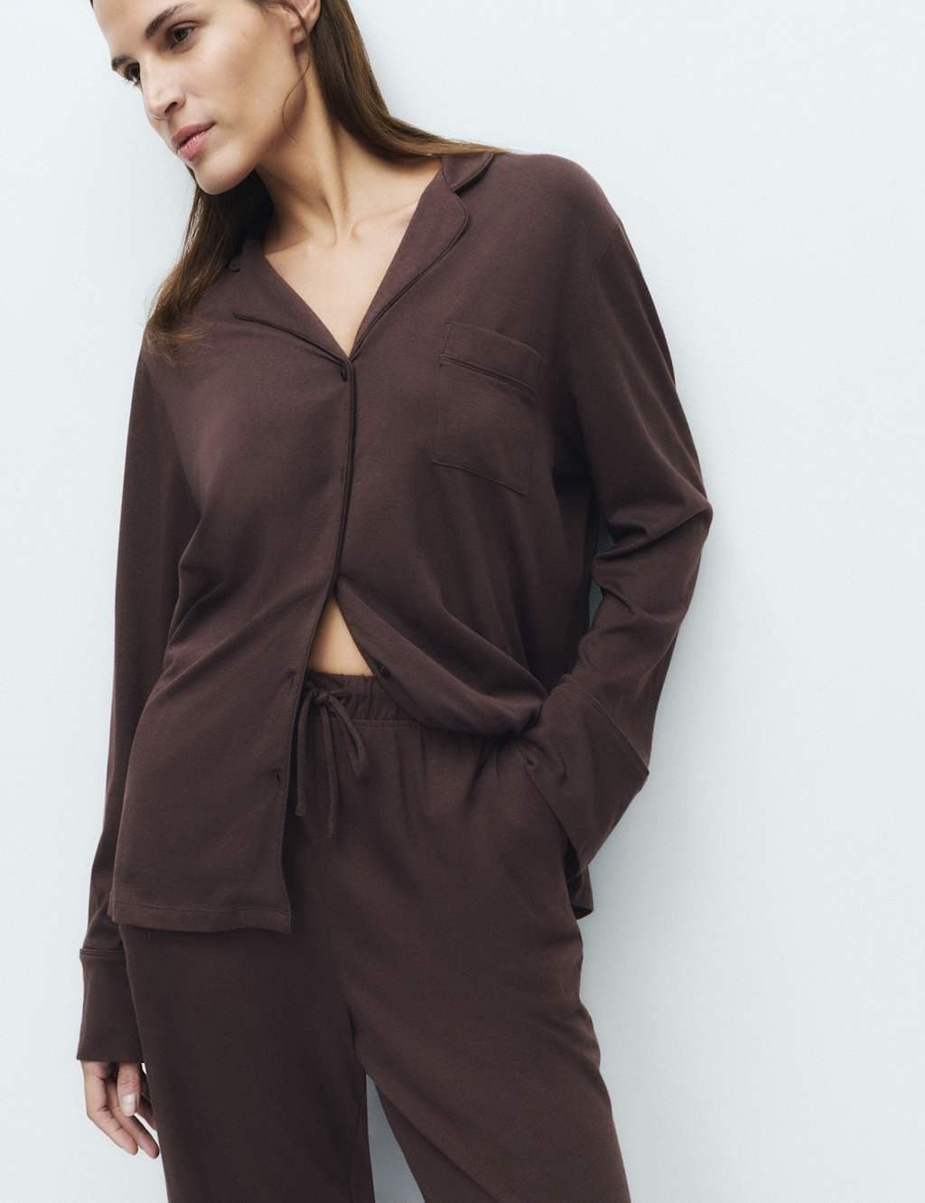 Marks & Spencer M&S Cotton Modal Revere Pyjama Set Dark Brown