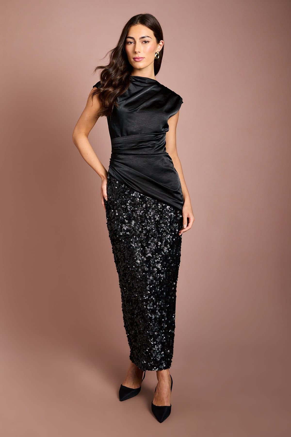 Coast Coast Women's Draped Satin Bodice Sequin Maxi Dress in Black