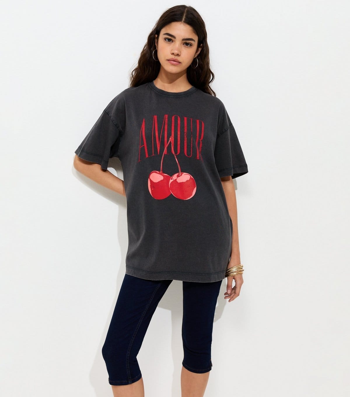 New Look Dark Grey Cotton Amour Cherry Print T-Shirt