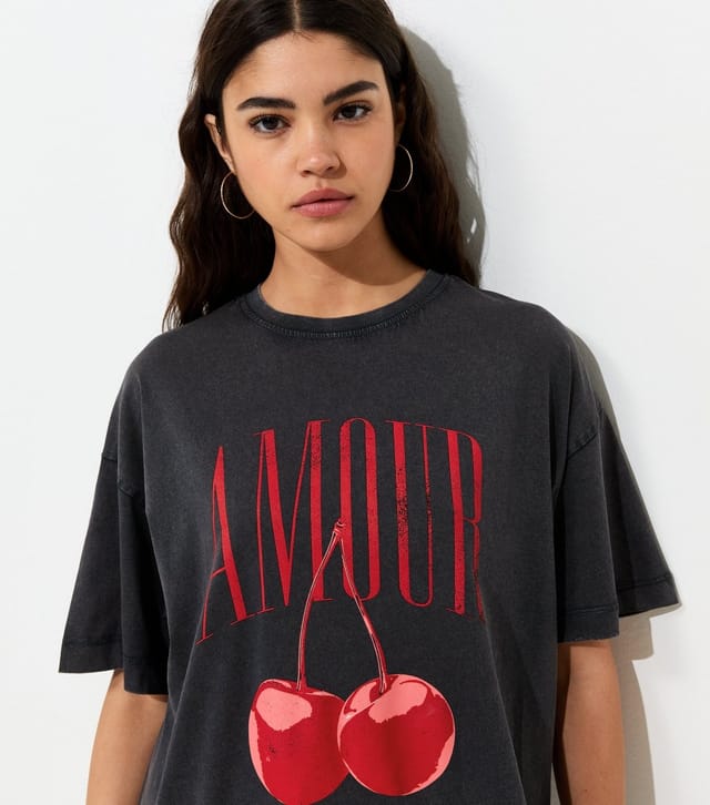 New Look Women's Dark Grey Cotton Amour Cherry Print Acid Wash Oversized T-Shirt New Look - 2