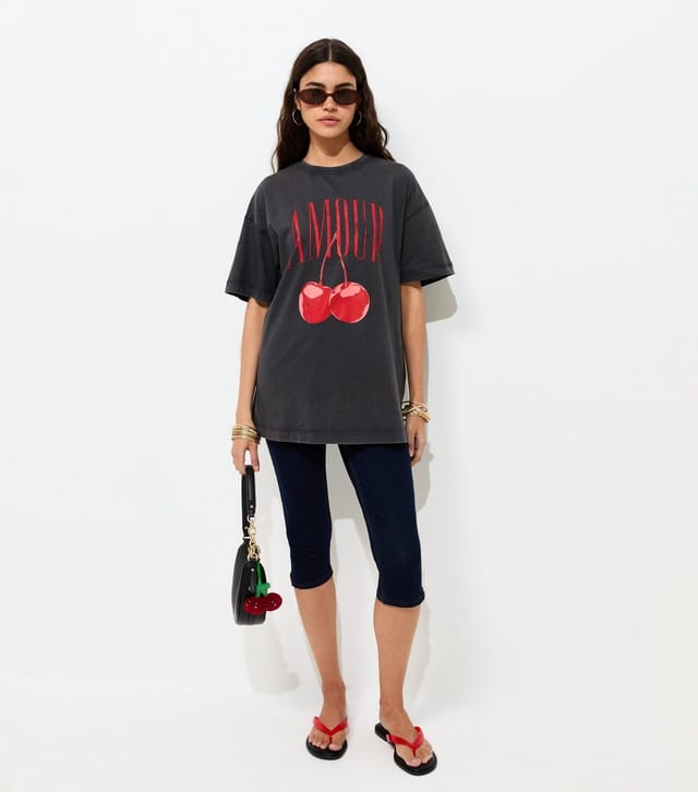 New Look Women's Dark Grey Cotton Amour Cherry Print Acid Wash Oversized T-Shirt New Look - 3
