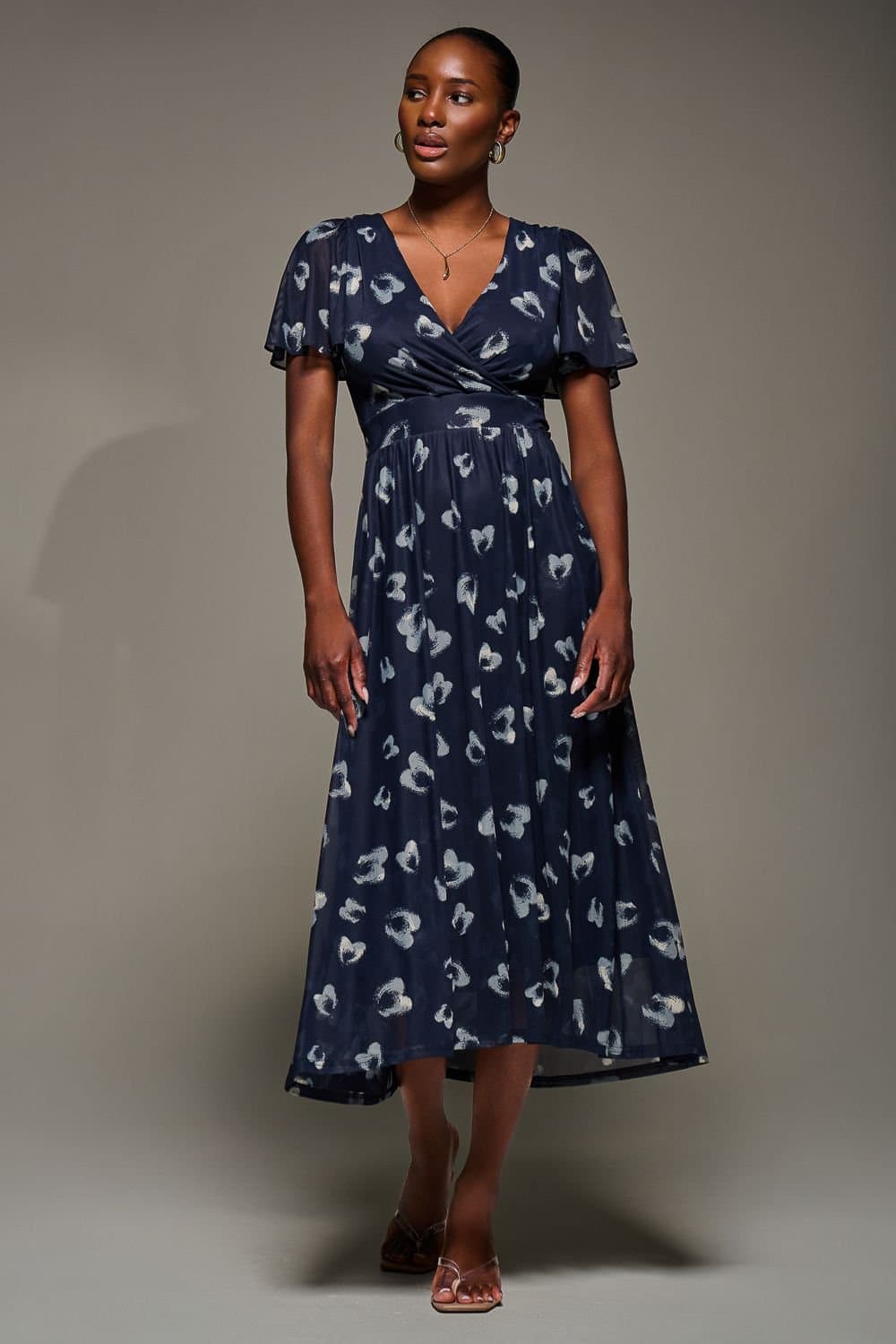 Jolie Moi Jolie Moi Women's Mesh Short Sleeve Midaxi Dress in Dark Blue