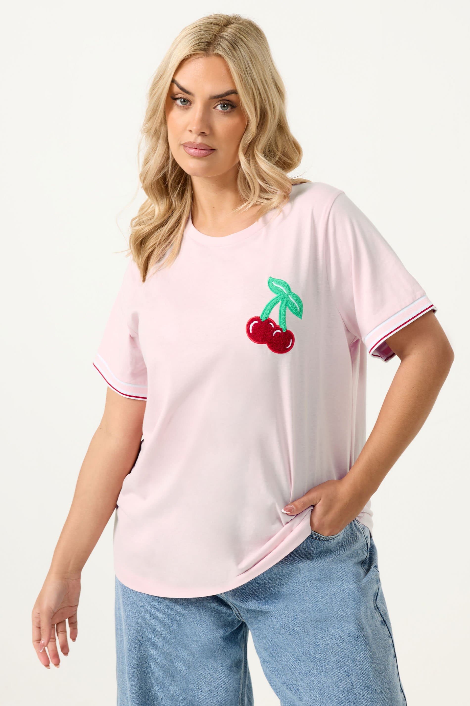 Yours Plus Size Pink Cherry Varsity Trim Tshirt