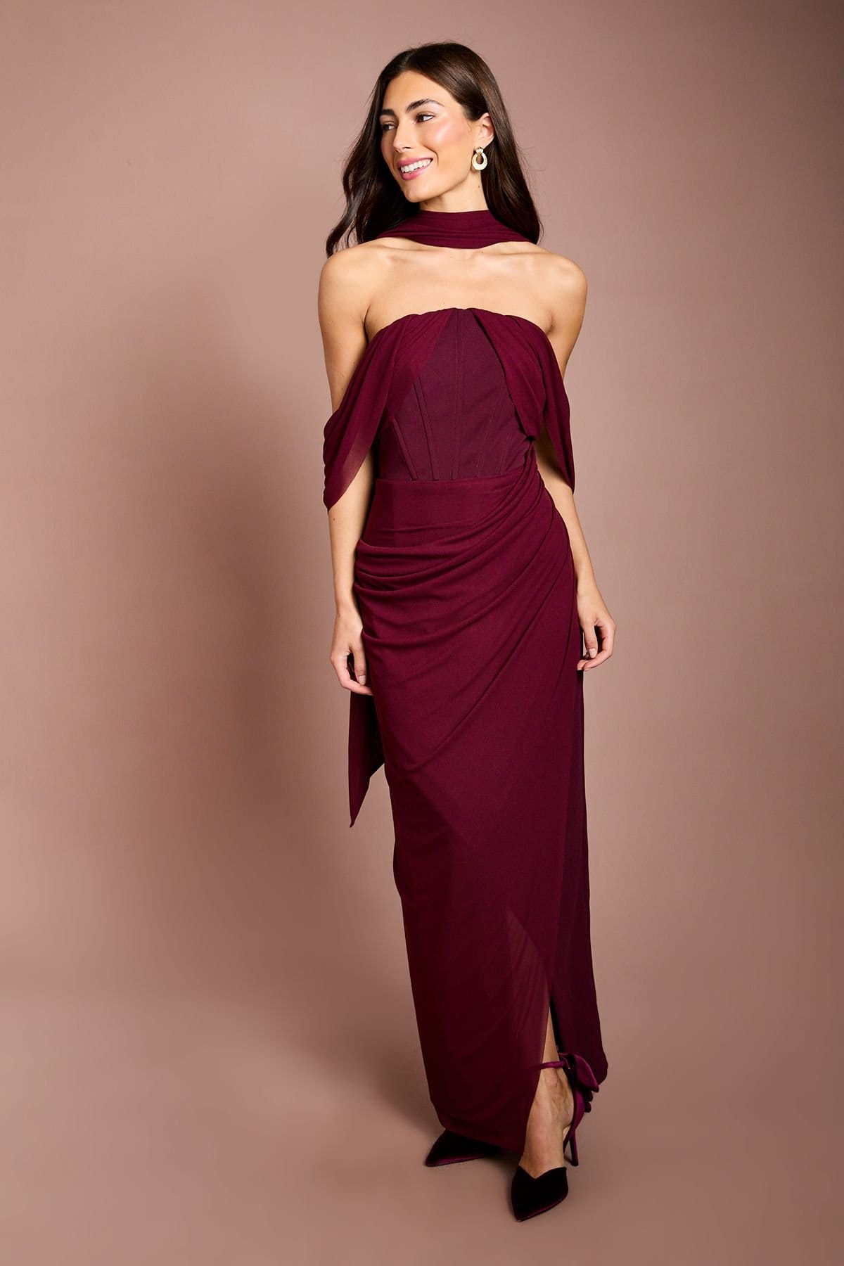 Coast Burgundy Stretch Mesh Corset Maxi Dress With Scarf Detail