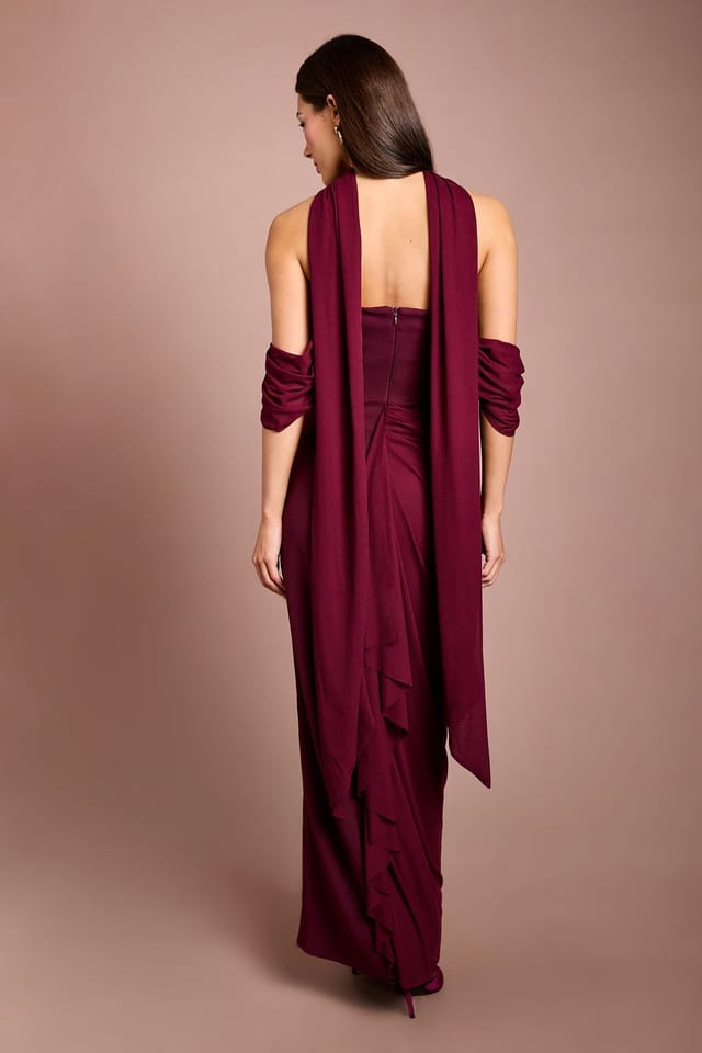 Coast Coast Women's Stretch Mesh Corset Maxi Dress With Scarf Detail in Burgundy - 3