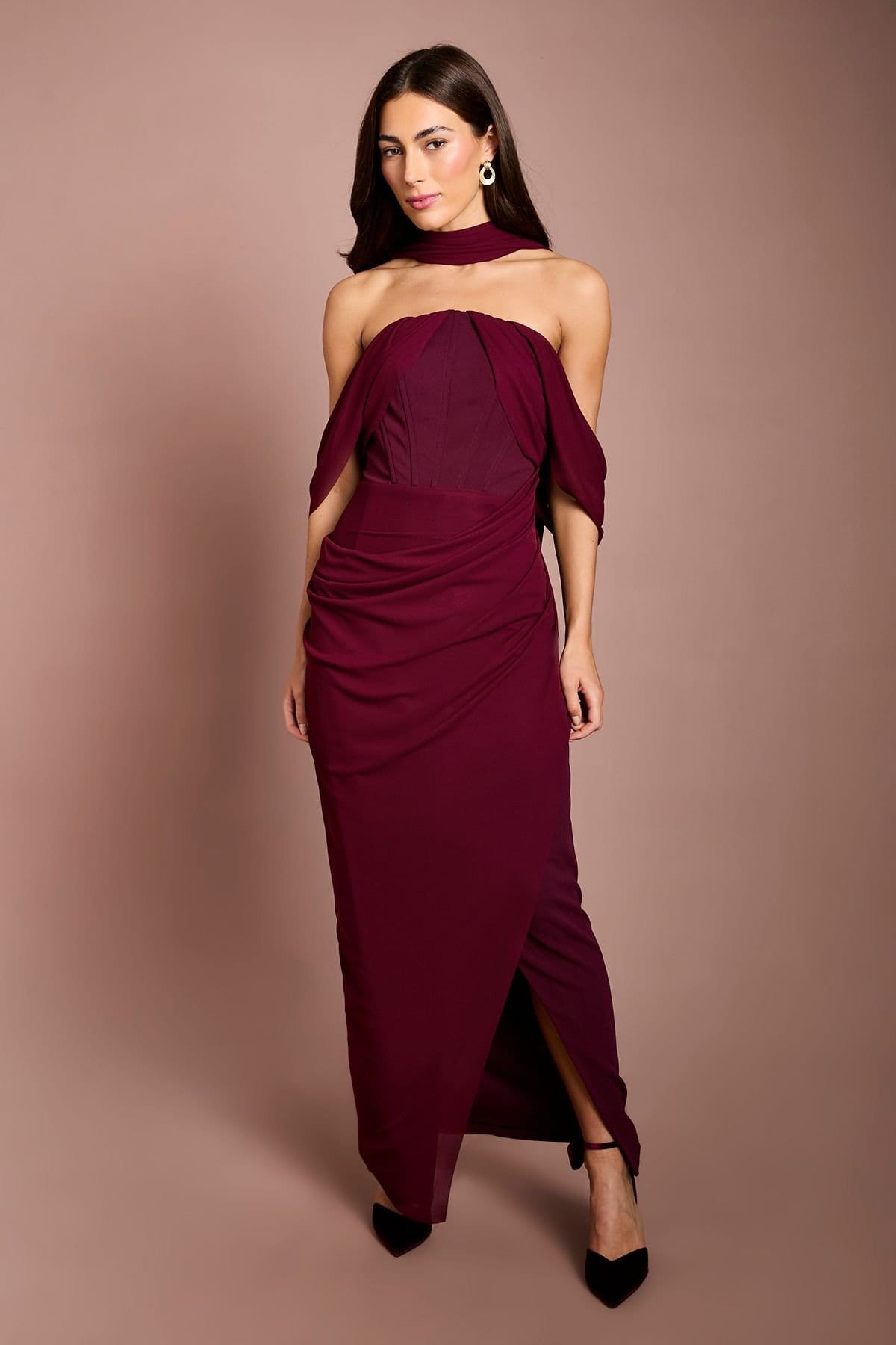 Coast Coast Women's Stretch Mesh Corset Maxi Dress With Scarf Detail in Burgundy - 4