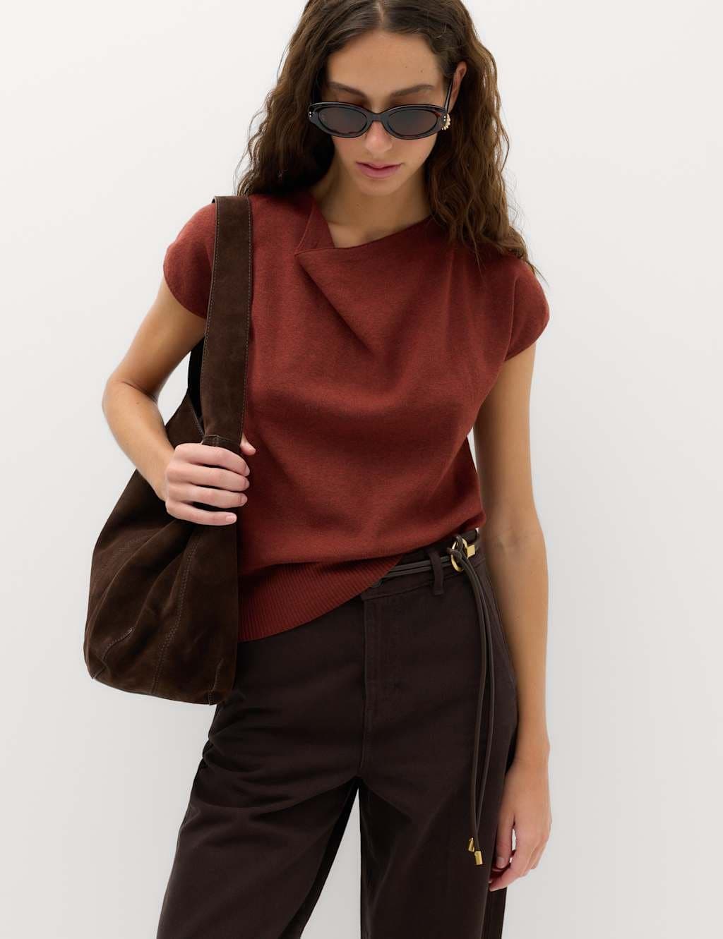 Marks & Spencer M&S Draped Neck Knitted Top with Wool Rust