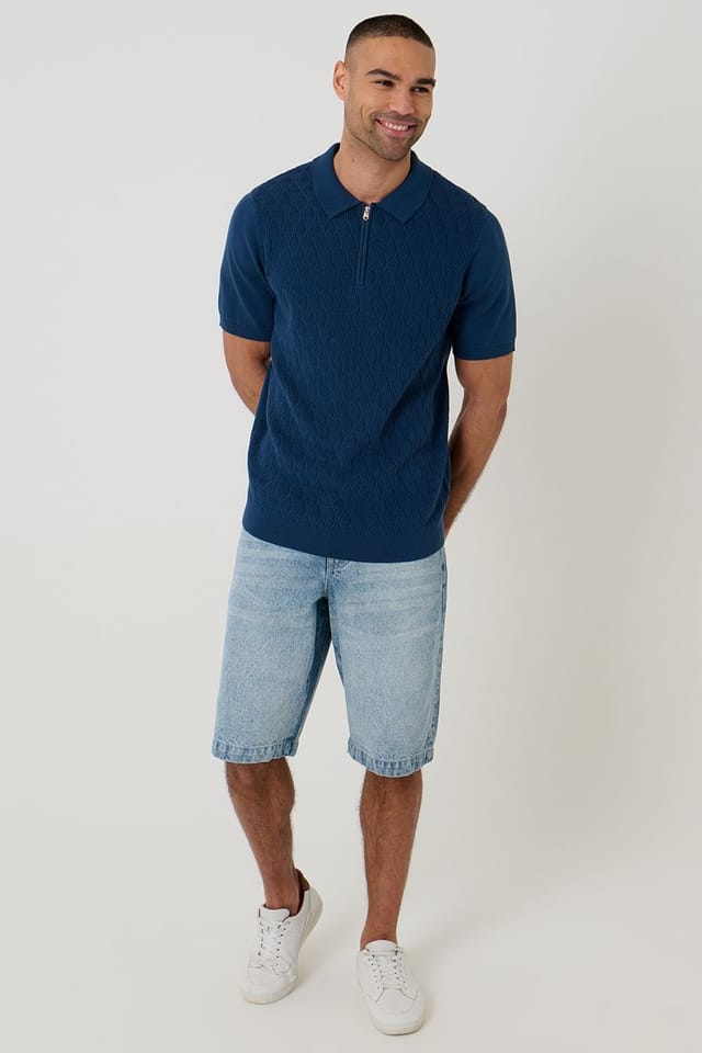 Threadbare Threadbare Men's Diamond Cable Knit Quarter Zip Polo in Blue - 3