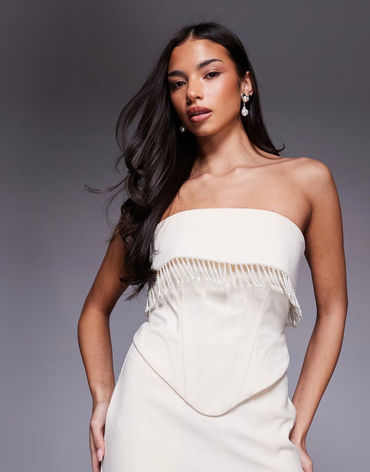 ASOS ASOS LUXE co-ord pearl trim sculpted linen corset top in cream - 1