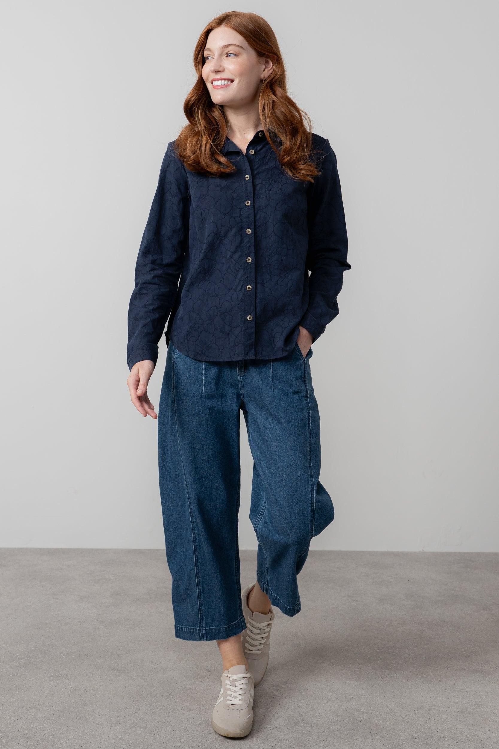 Lily & Me Lily & Me Women's Patsy Textured Jacquard Cotton Blend Long Sleeved Shirt in Navy - 2