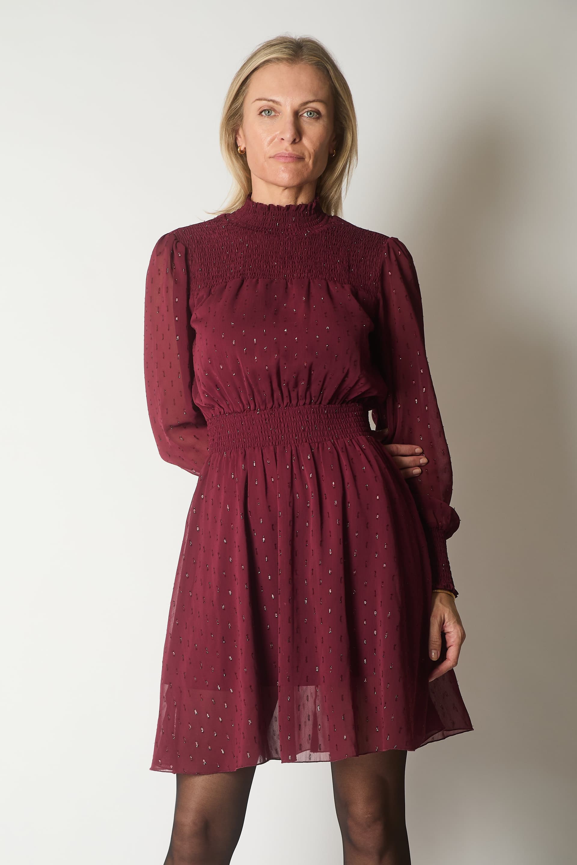 SOLO SOLO Women's Long Sleeve Smocked Waist Dress with Subtle Sparkle in Wine