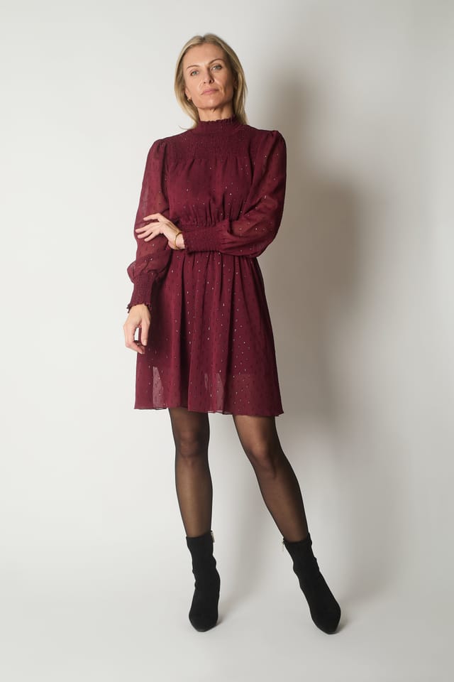 SOLO SOLO Women's Long Sleeve Smocked Waist Dress with Subtle Sparkle in Wine - 2